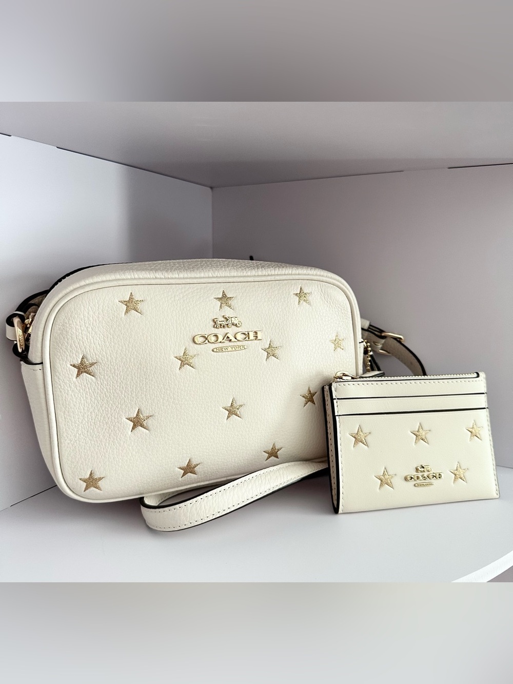 NWT~ COACH Mini Jamie Chalk/Gold Stars Camera Bag w/matching ID Card Case